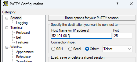 Telnet Putty SMTP 25 TCP