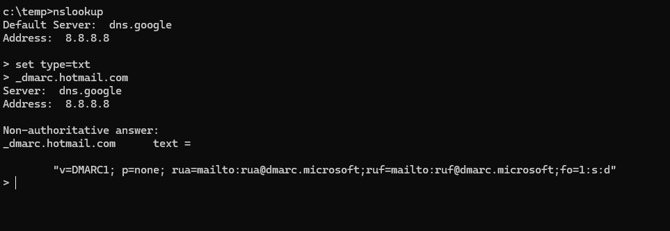 NSLookup DMARC Records