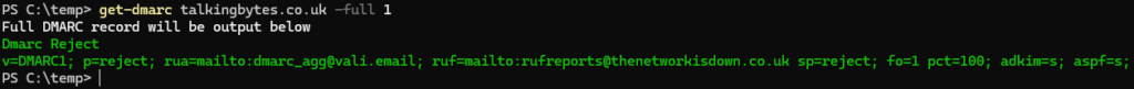 Get-Dmarc -full 1 Command Example