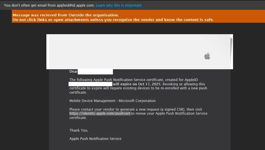 Notification from Microsoft of Apple Push Notification Service Certificate expiring